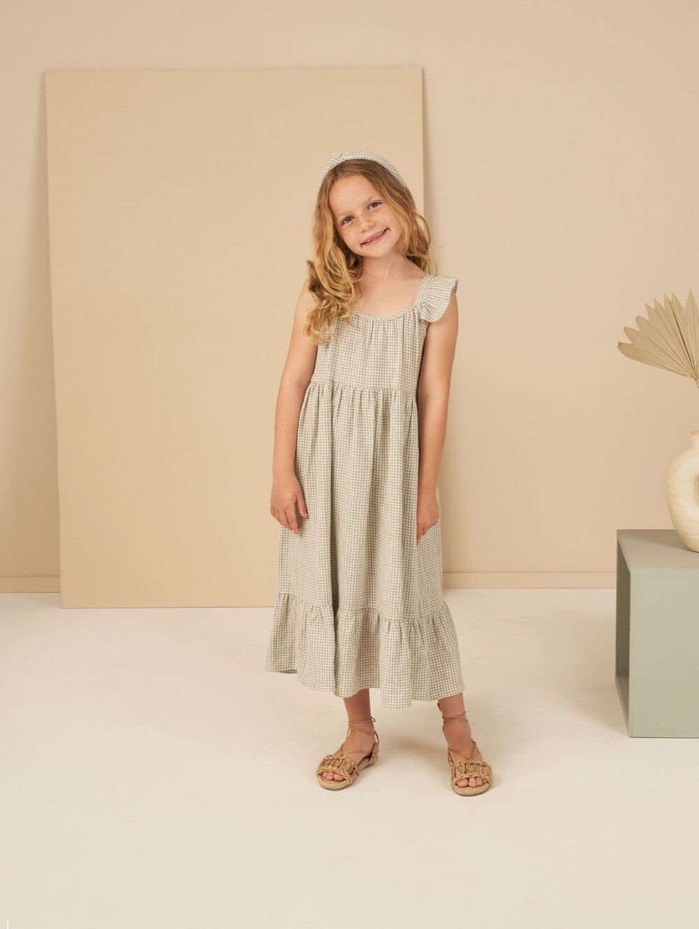 Rylee + Cru Abbie Tiered Dress in Sage Gingham Size 6-7Y